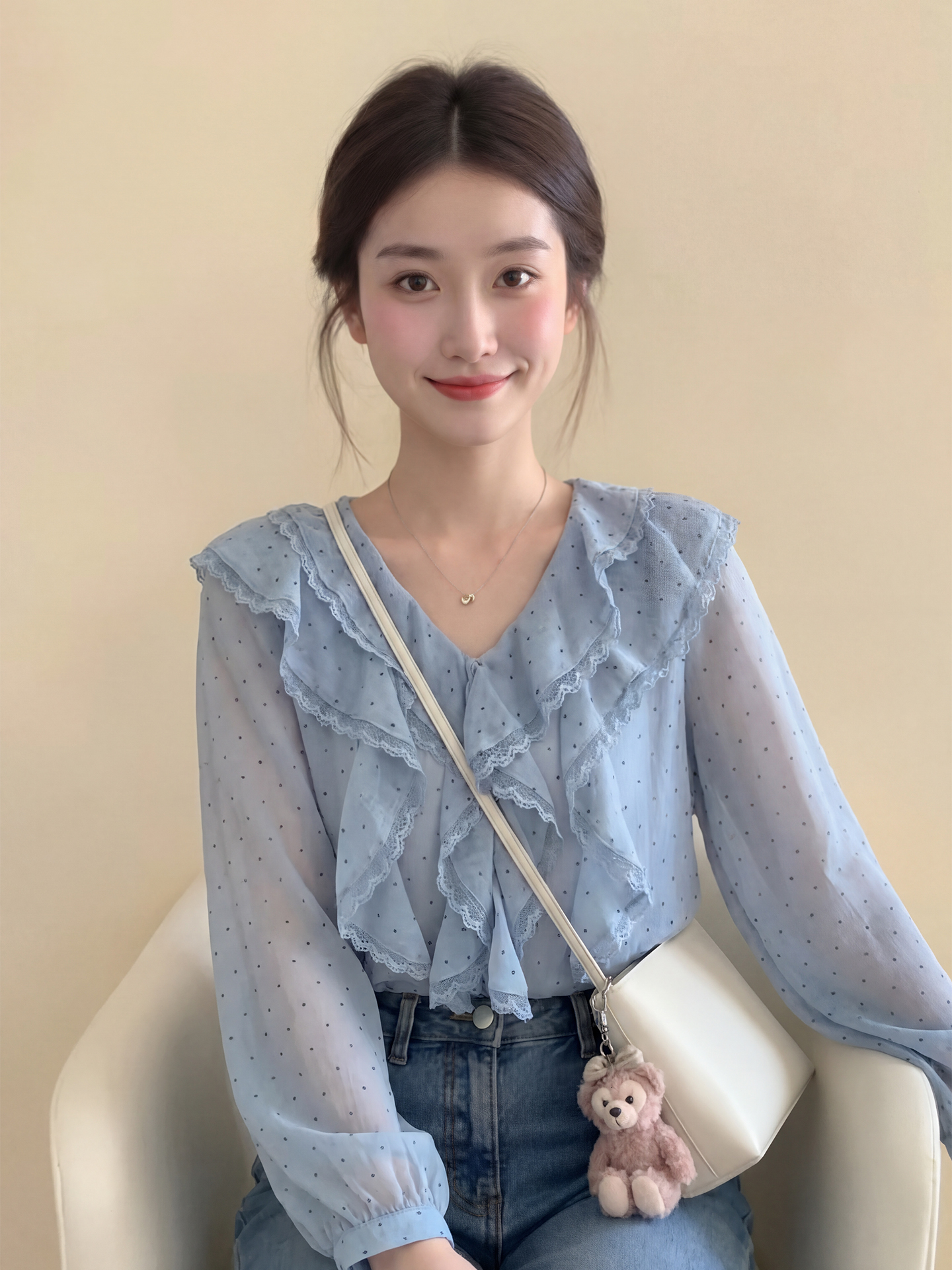 Blue Polka Dot V-Neck Shirt Women's 2026 Autumn New High-End Feeling Anti-Aging Top French Style Loose Fit Long Sleeve Polyes... - view 3
