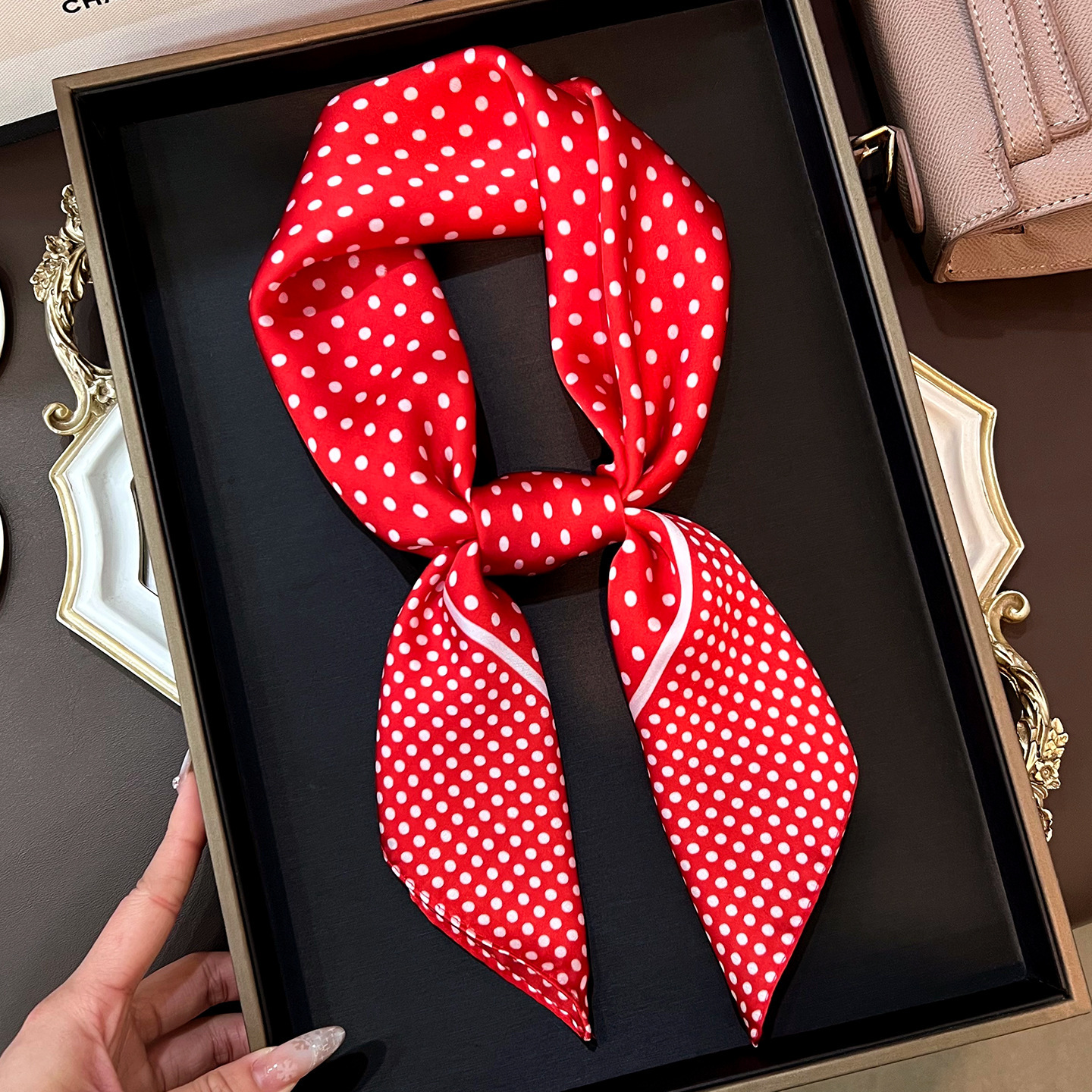 Korean-style polka dot silk women, small square scarf perfect for summer, offering sophisticated fashionable look, providing sun protection, and servi - view 5