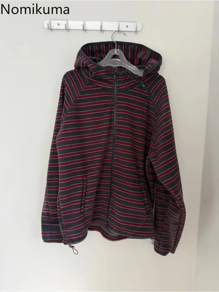 2026 Womens Clothing Striped Hoodies Coats Casual Zipper Hooded Sweatshirts Y2k Tops Streetwear Fashion Loose Vintage Hoodie 260924 - view 7