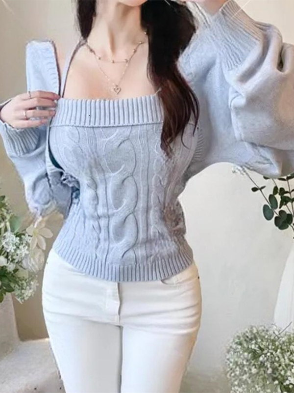 Dongda Gate New Style Pure Desire Slim Fit Knitted Long Sleeve Wrap Cardigan Two Piece Set Highlight Body Shape Sexy Fashion - view 3