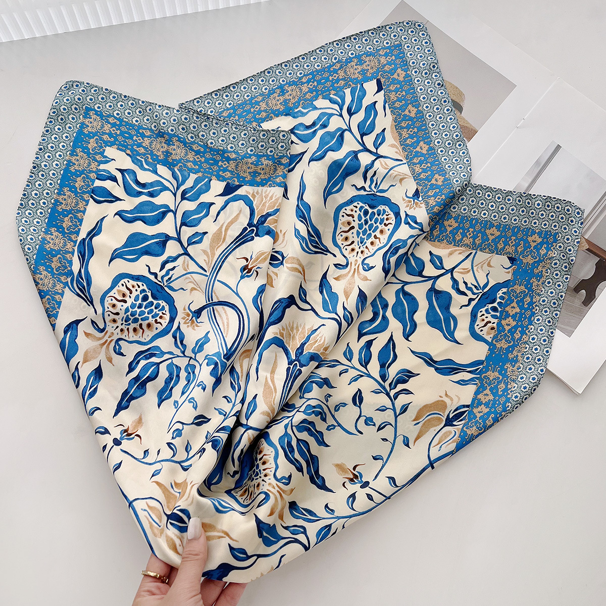 Summer blue leaf pattern silk scarf, new style women, with sophisticated look, practical gift for mothers, and a decorative scarf - view 4