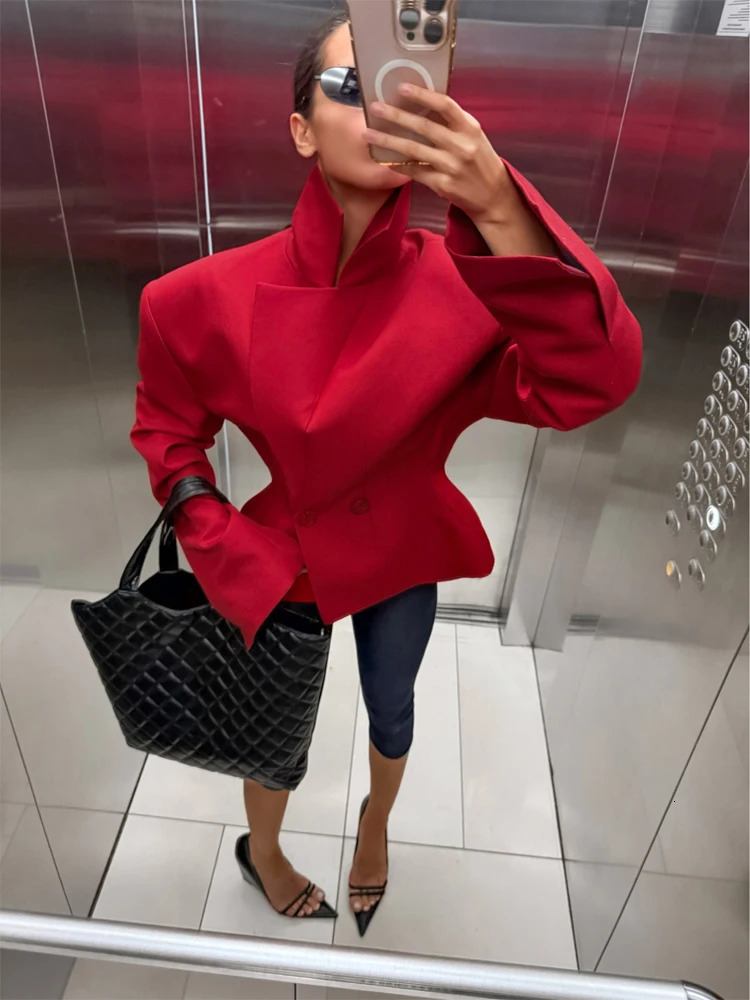 Women Red Lapel Cropped Blazer Shoulder Pads Double Breasted Long Sleeve Slim Short Jacket Elegant Party Fashion Outer Coats 260924 - view 5