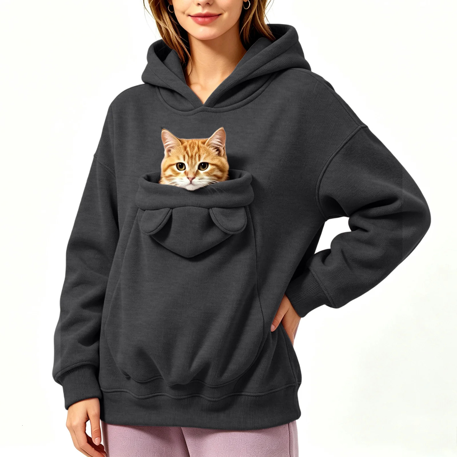 Women Pet Pouch Hoodies Oversize Sweatshirts With Hooded Kangaroo Pocket Cute Funny Solid Color Long Sleeve Pullover For Dog Cat 260924 - view 4