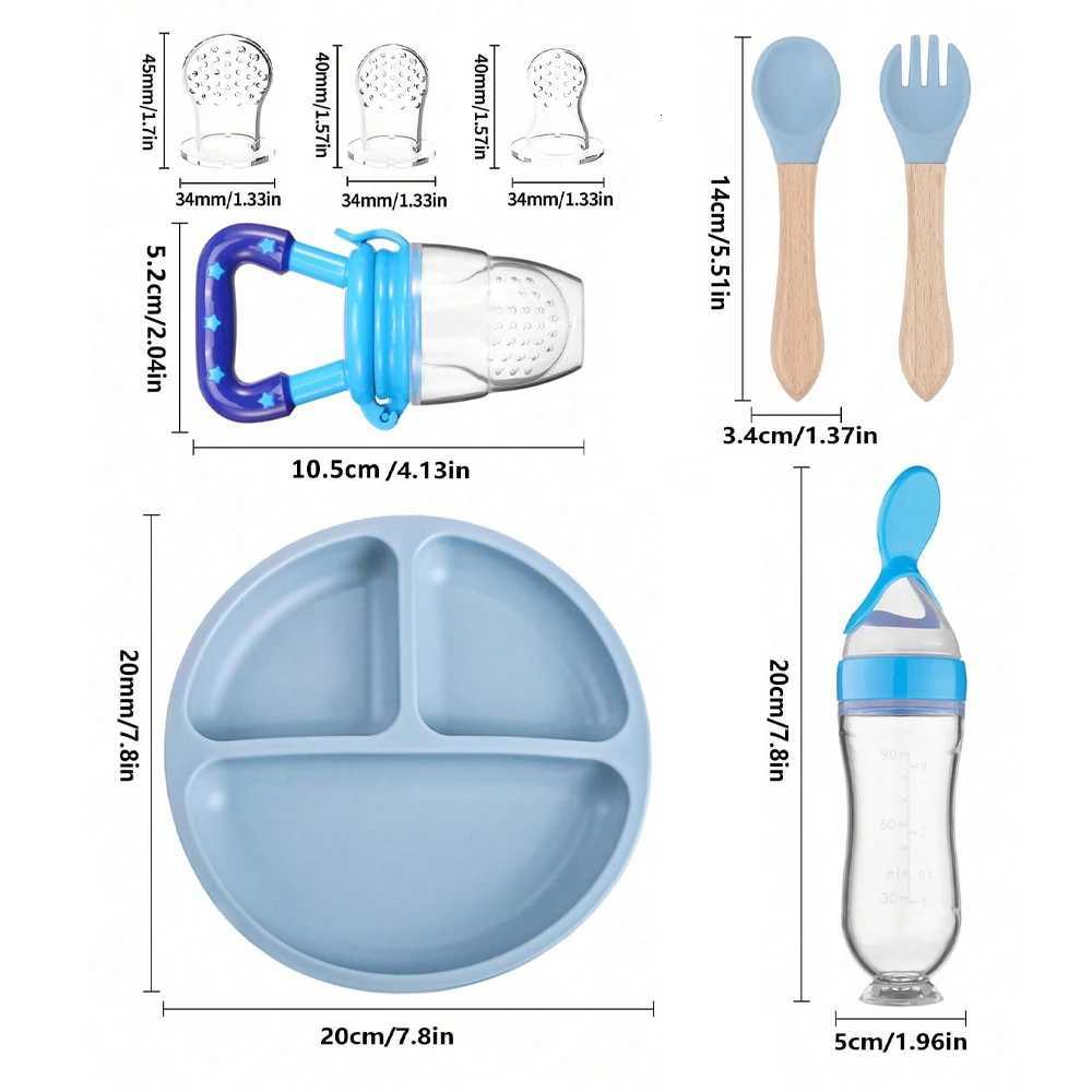Baby Feeding Other TYRY.HU Children's Tableware Set with Silicone Dining Plate Suction Wooden Handle Fork Spoon And Silicone Fruit Vegetable Bott - view 3