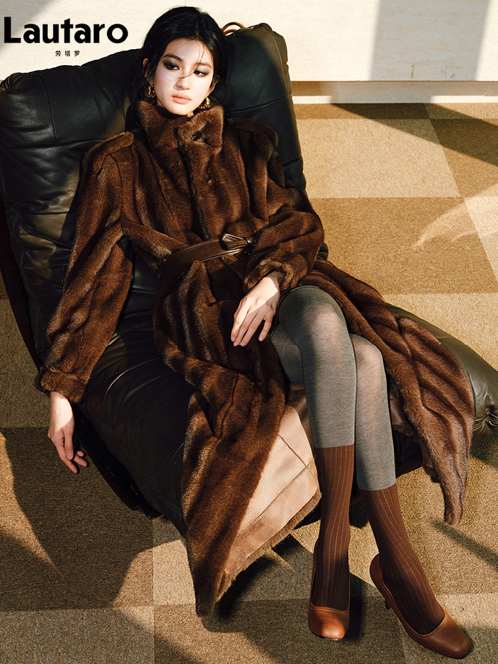 Lautaro Spring Winter Long Soft Thick Warm Brown Faux Mink Fur Coat Women Luxury High Quality Elegant Chic Fluffy Overcoat 2025 - view 6