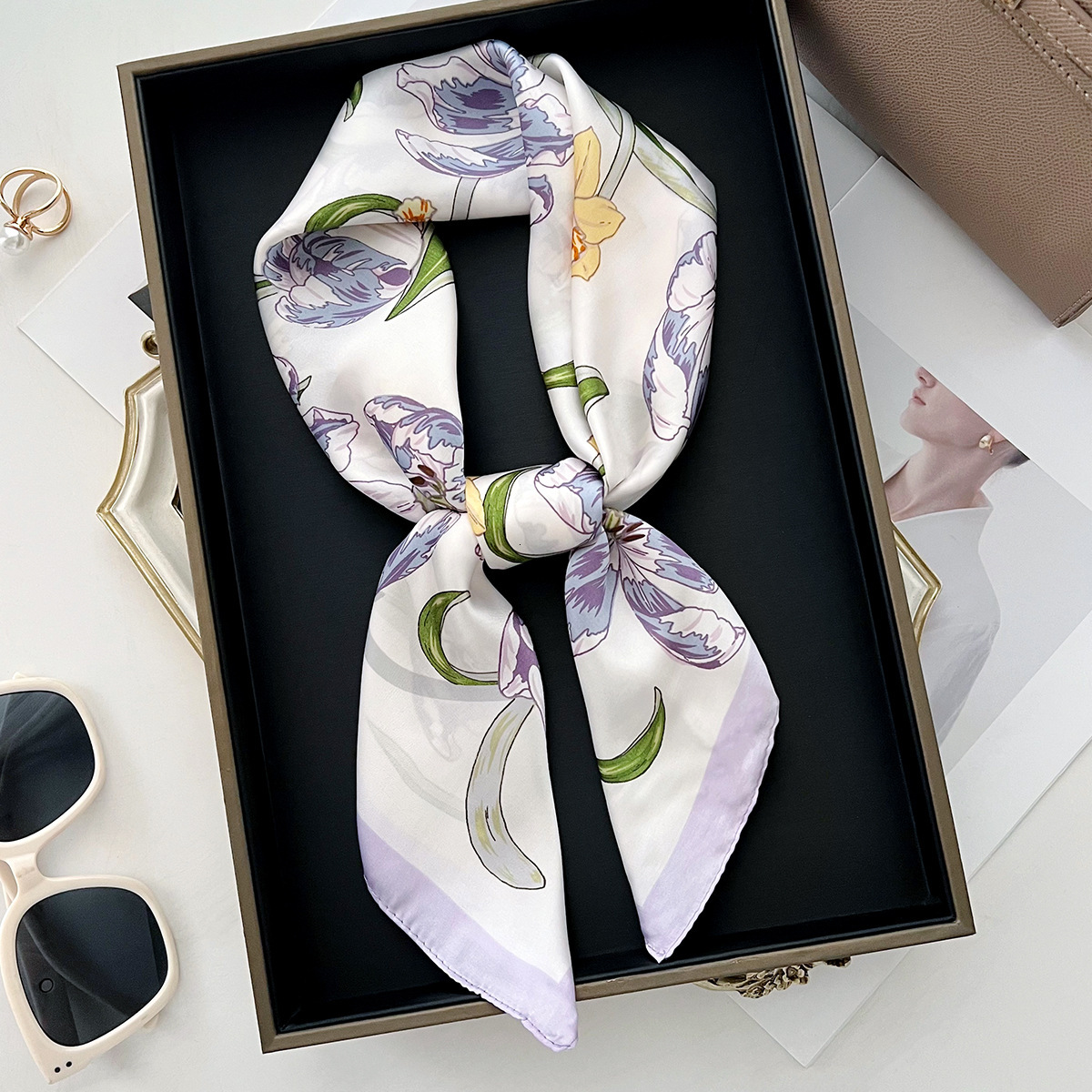 2026 Summer New Lightweight Floral Neck for Women, Youthful Accessory, Hair Tie, Bag Decoration, Silk Scarf - view 5