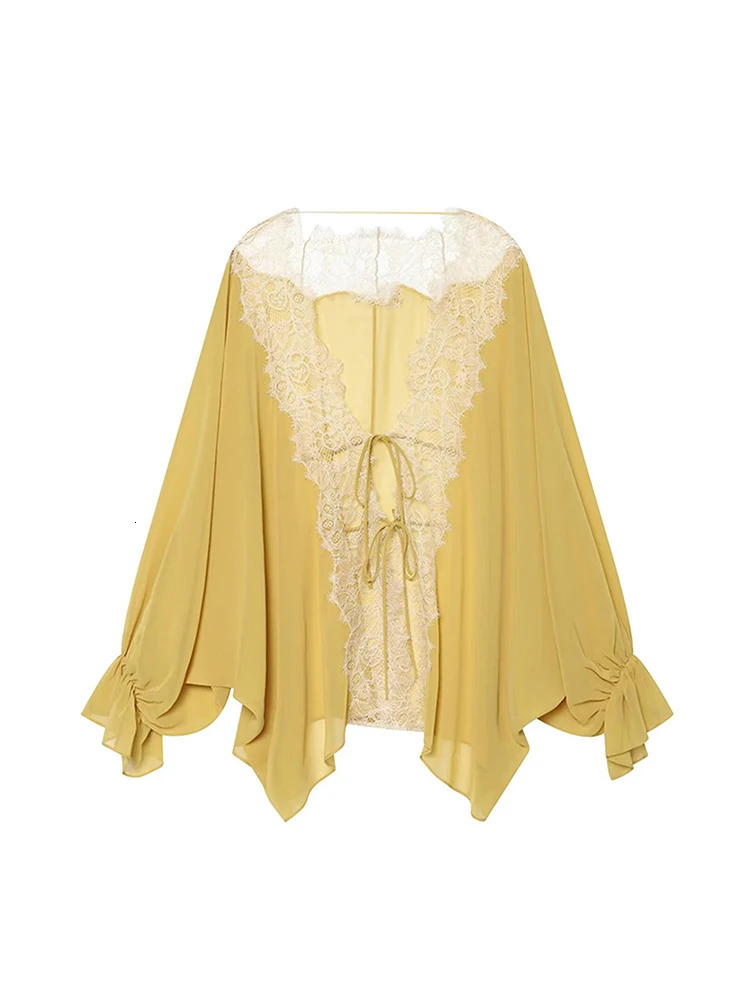 TFMLN Womens Lace Sheer Blouses Elegant Sexy Lace Up Hollow Long Sleeve V Neck Loose Fit Female Leisure Shirts Summer 260924 - view 7
