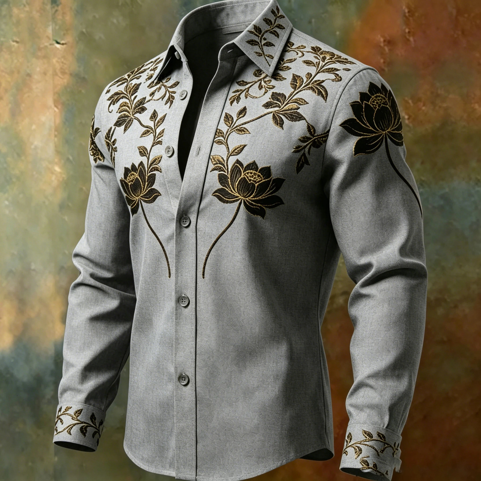 Men's y Gold Thread Lotus Embroidery Long Sleeved Shirt with Satin Texture Lapel Button Casual Formal Shirt 260922 - view 7