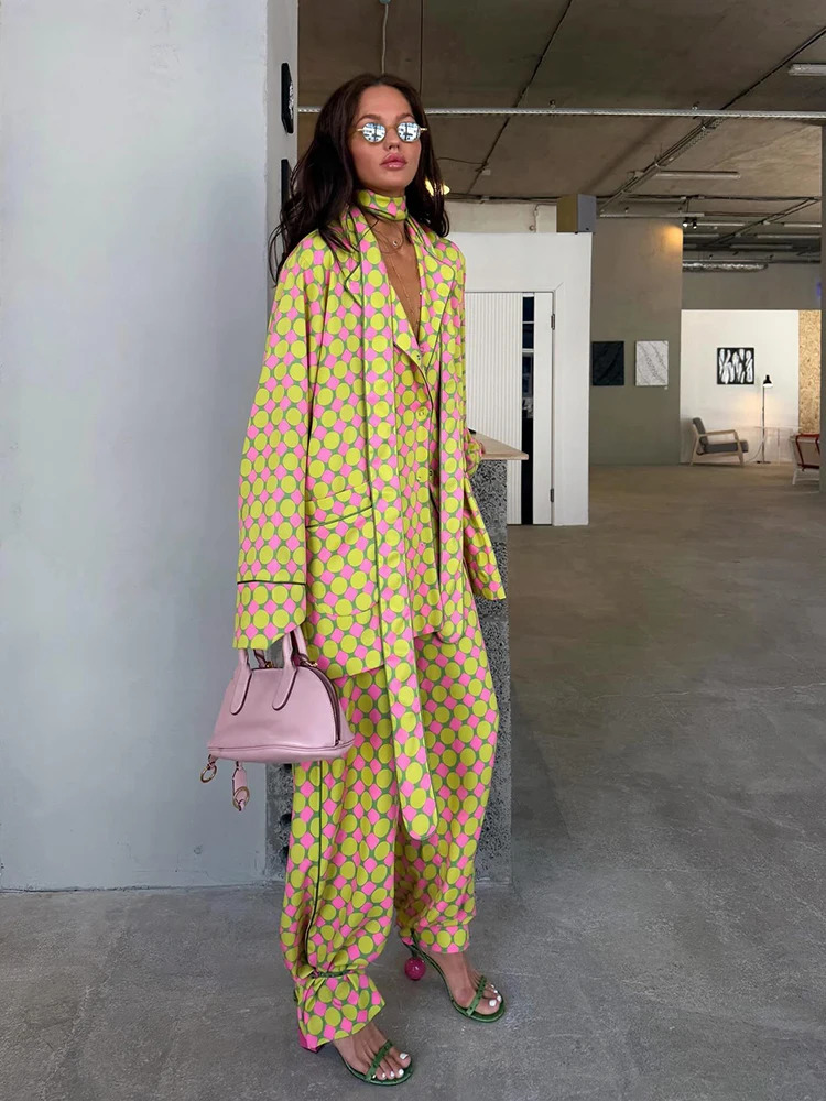 Vintage Polka Dot Women's Pants Sets 2 Pieces Tie Lapel Full Sleeve Blouses Loose Wide Leg Pant 2026 Autumn Lady Vacation Suits 260922