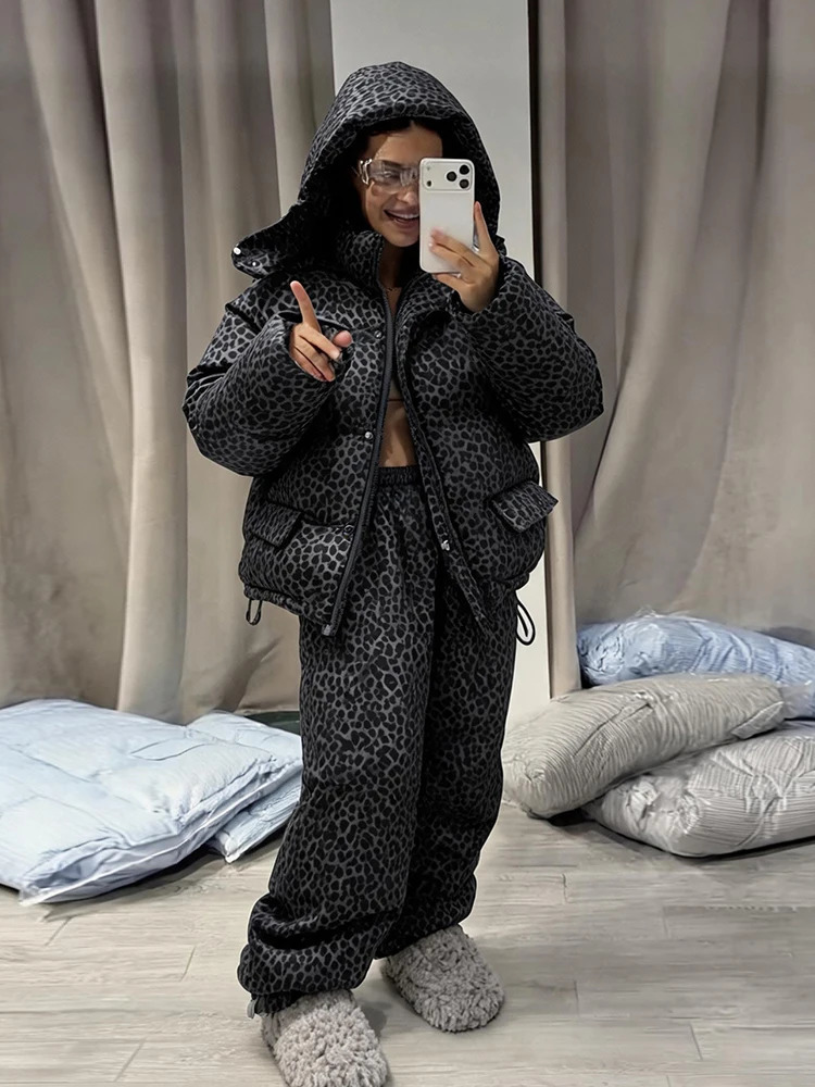 Urban Solid Women Stripe Padded Coat Pant Set Casual Full Sleeve Hooded Zipper Jacket Elastic Waist Pant 2026 Winter Lady Suits 260922 - view 3