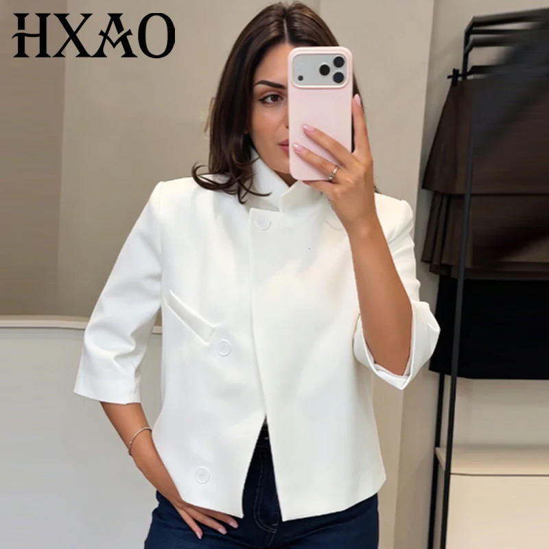 HXAO 2026 Women's Crop White Jacket Demi-Season 2026 Elegant Asymmetric Button Short-Sleeved Outerwears Office Wear Women Blazer 260924