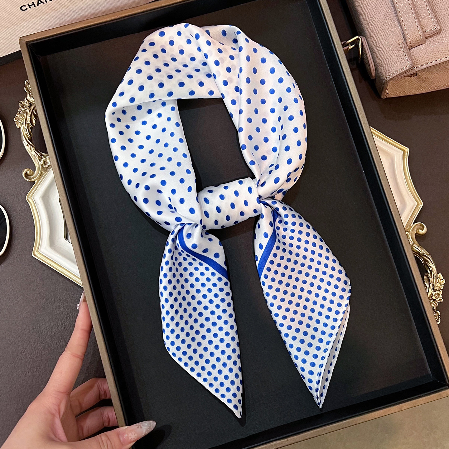 Korean-style polka dot silk women, small square scarf perfect for summer, offering sophisticated fashionable look, providing sun protection, and servi - view 4