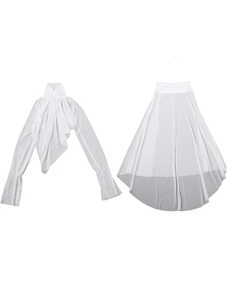 Sexy Womens See Through Top Long Skirt Set Hollow Out Halter Full Sleeve Top Pleated Slit Skirts 2026 Summer Lady Beach Suit 260922 - view 6