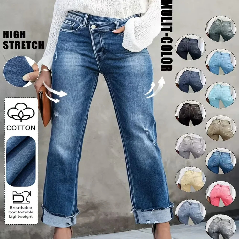 High Waist Stretch Denim Jeans for Women Solid Color Slim Straight Pants Pantalones de mujer 260922