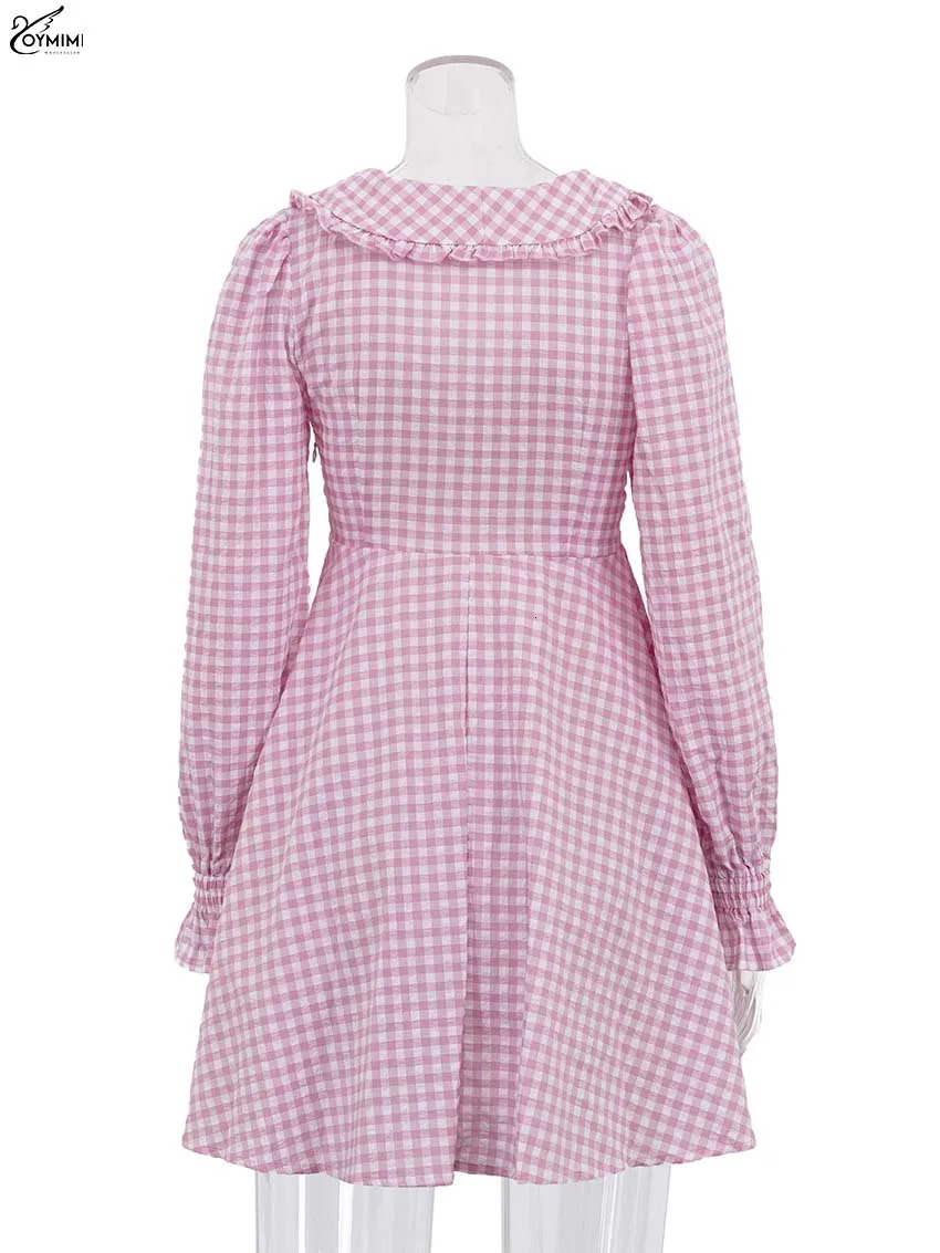 Oymimi Elegant Pink Print Womens Dresses Fashion Peter Pan Collar Long Sleeve Dresses Casual Loose Mini Dress Female Streetwear 260922 - view 7