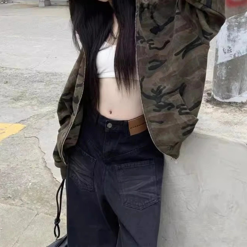 Vintage Camouflage Hooded Sweatshirt Jacket Women's Fall and Winter Loose Long-sleeved Zip Top 260923 - view 3