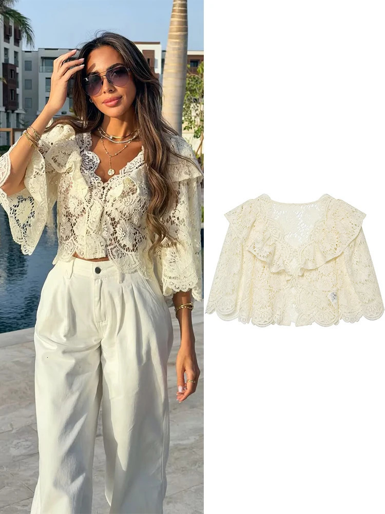 TFMLN Womens French Lace Blouses Ruffle Edge Hollow Out Casual Blouse Fashion Vneck Elegant Thin Commuting Top Female 260924