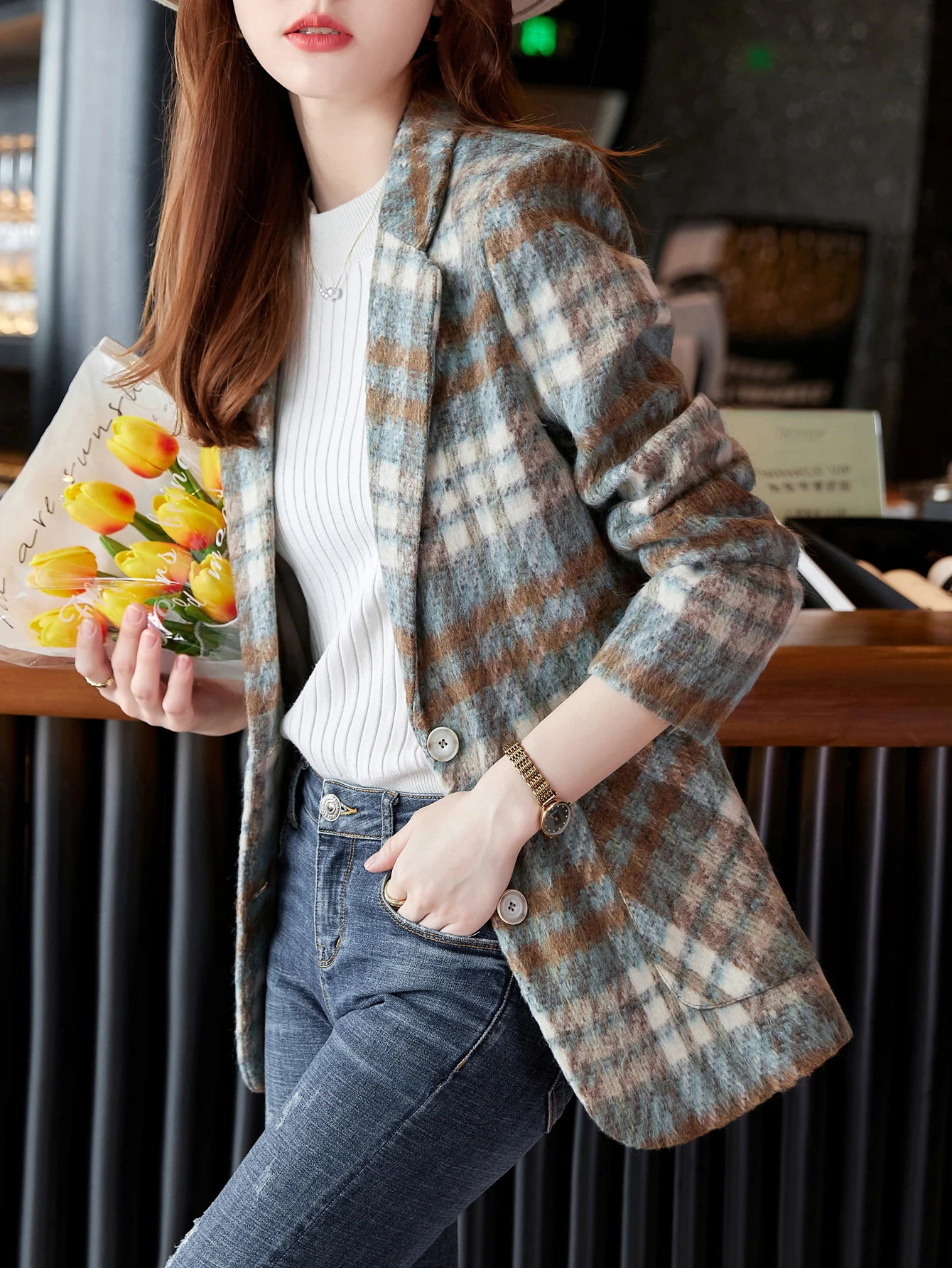 Tartan Wool Single-Breasted Blazer - High-End Versatile Stylish Commuter Professional Slim-Fit Jacket 260924 - view 5