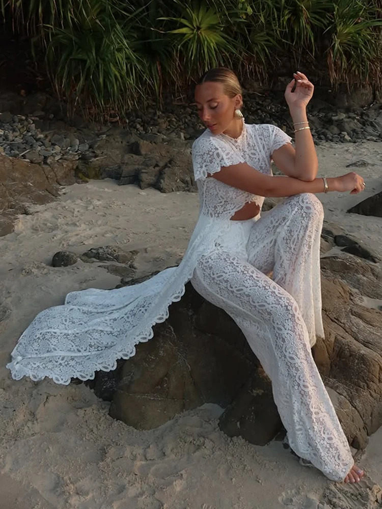 Fashion Lace Solid Women's Shirt Pant Set See Through Short Sleeve Long Tops Straight Trousers 2026 Summer Chic Female Suits 260922 - view 5