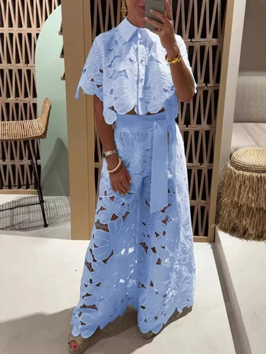 Women Set Short Sleeved Blouse Tops Tie-up Pants Two Peics set Lace Outfit Embroidery Retro Hollow Temperament Suit 260922 - view 5