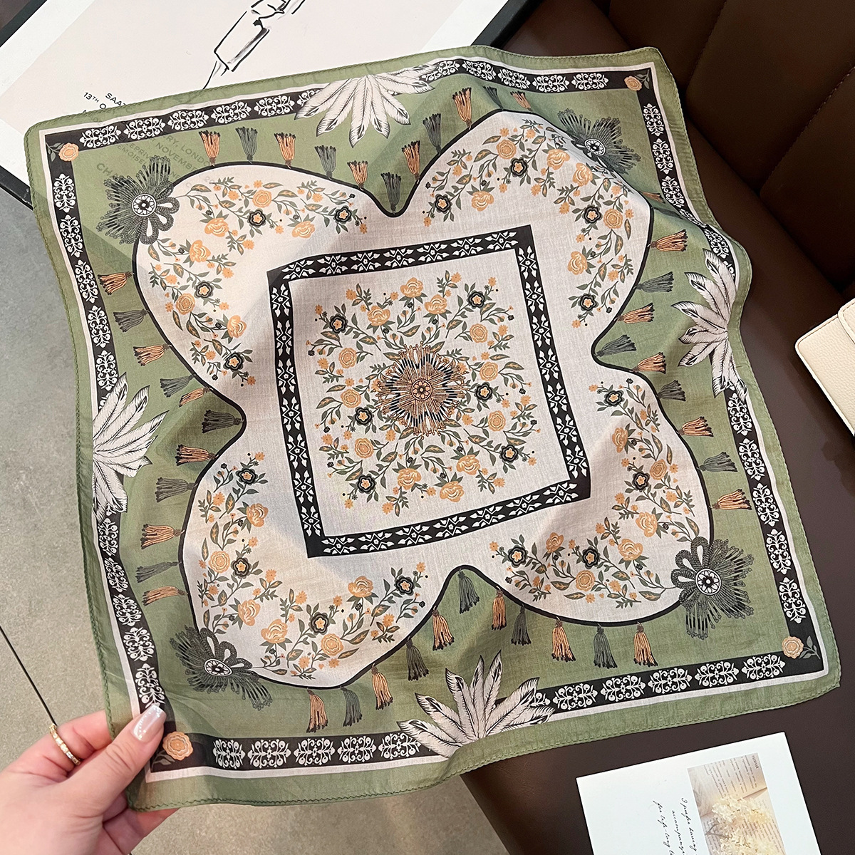 Korean-style new green silk-cotton scarf, stylish versatile accessory for shirts, adding a touch of elegance and sophistication - view 3