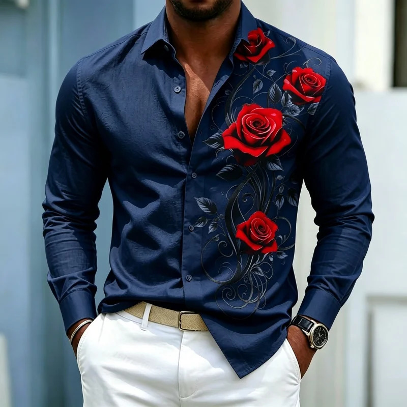 Men's shirt solid color lapel long sleeved with red rose vine pattern printed on one side slim fit casual trend 260923 - view 4