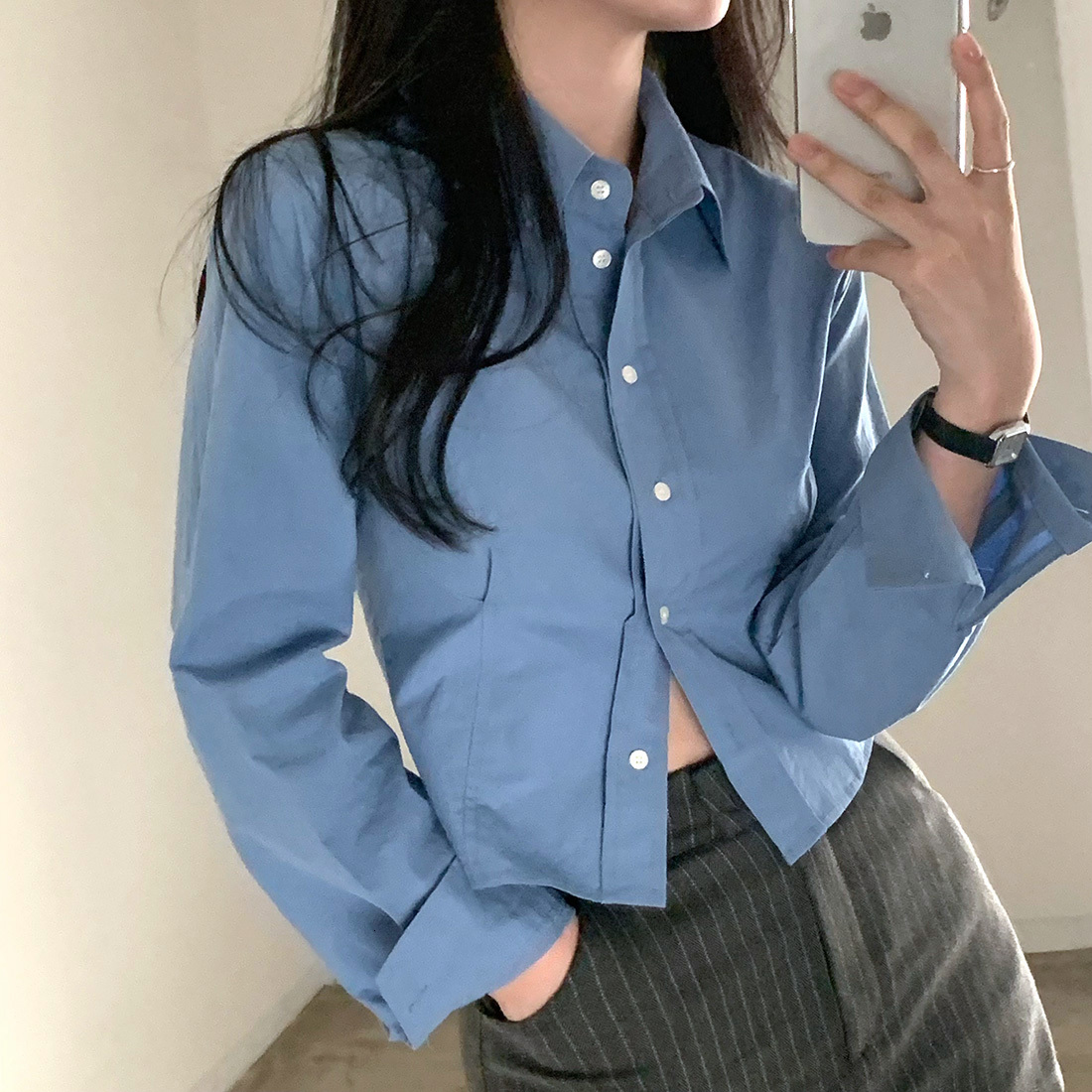 Chic Autumn Short Sleeveless Collar Women's Shirt Single Button Slim Fit Long Sleeve Straight Cut Commute Style Top
