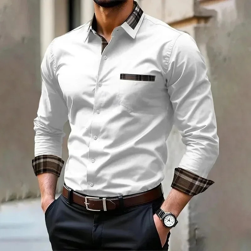 Men's Business Casual Shirt Plaid Patchwork Long Sleeve Dress Shirt Slim Fit Button Down Formal Office Blouse for Men White Red 260922