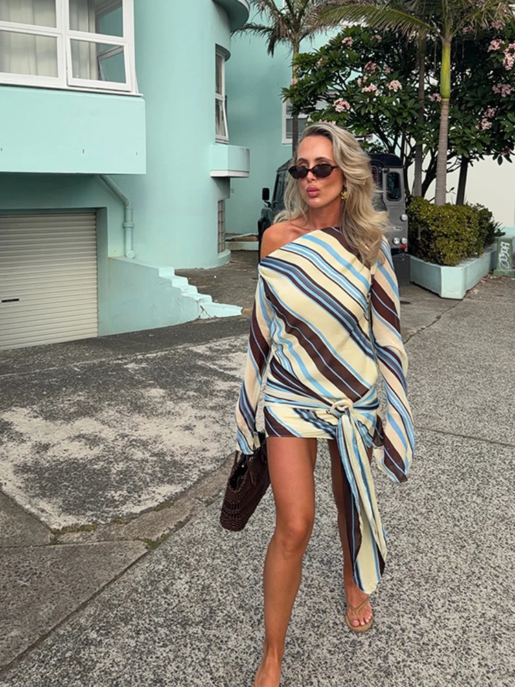 Holiday Women's Dress Skew Collar Full Sleeve Stripe Print Female Short Dresses 2026 Spring Vacation Beach Fashion Lady Robe 260922 - view 4