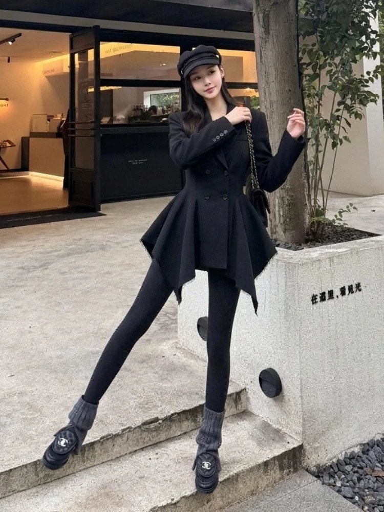 Elegant Autumn Unique Black Blazer Jacket Women Korean Fashion Double Breasted Waist Cinched Irregular Hem Office Casual Outfit 260924 - view 6