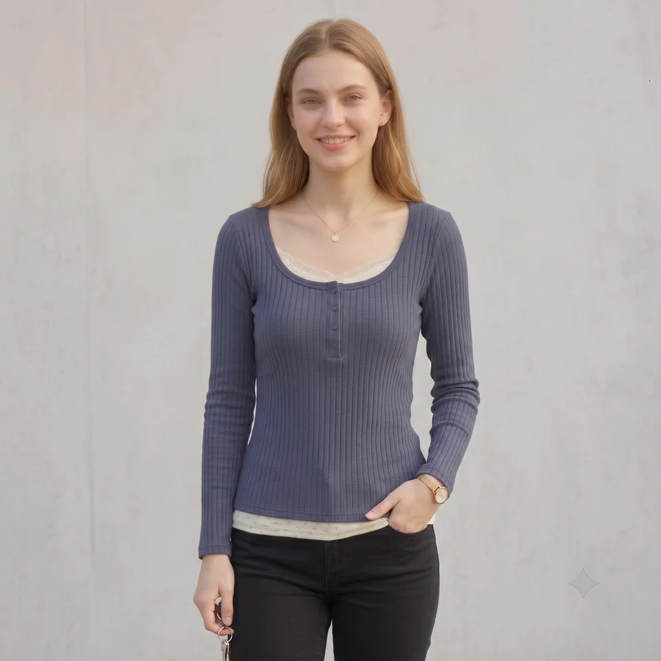 Women Vintage Faux Two-Piece Lace Patchwork T-Shirt Ribbed Knit Long Sleeve Top Square Neck Button Slim Y2K Casual Fall Tee 260920 - view 3
