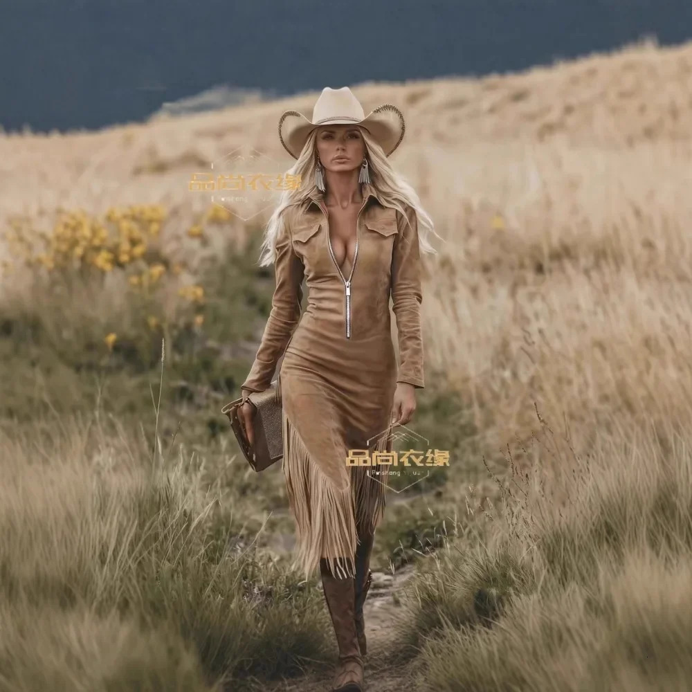 Women Vintage Western Cowgirl Tassel Dress Slim Fit Hem Fringe Long Retro Cowboy Style Party Casual Dresses 260924 - view 7