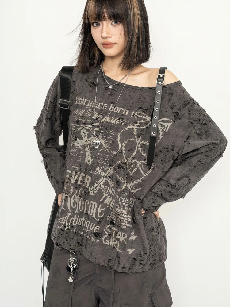 Y2k Long sleeve T shirt Women Off shoulder Oversize Tops Female Spring Autumn Vintage Holes Basic Tees Streetwear Chic 260920 - view 5