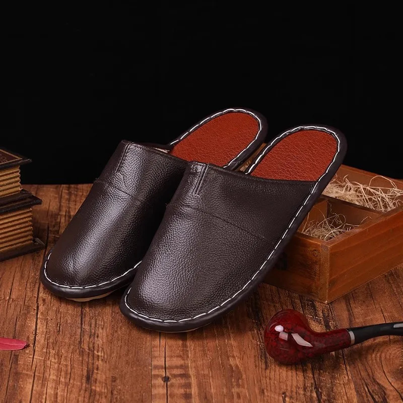 Men Spring Cow Leather Indoor Slippers Anti-Skip Comfortable Couple Home Casual Shoes Household Slippers for Women 260918 - view 5