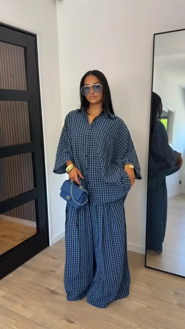 Loose Plaid Shirt Pants Two-piece Set Three Quarter Sleeve Oversize Blouses Wide Leg Pants Suit 2026 Fashion Women Casual Sets 260922 - view 5