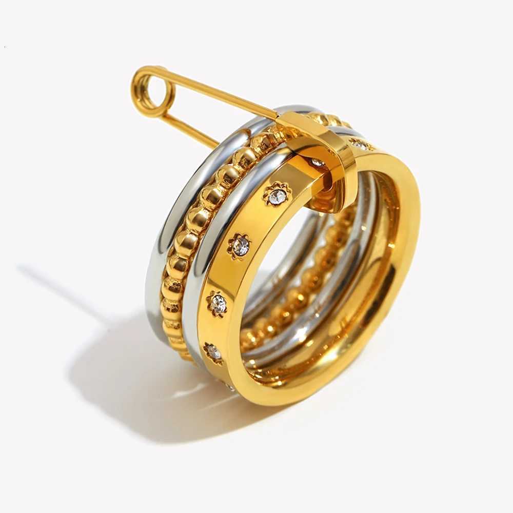 Trendy E.B.belle Band Paper Rings Clip Double Color Four Layers Star Zircon Ring Women Stainless Steel 18K Gold Plated Statement Jewelry N260924