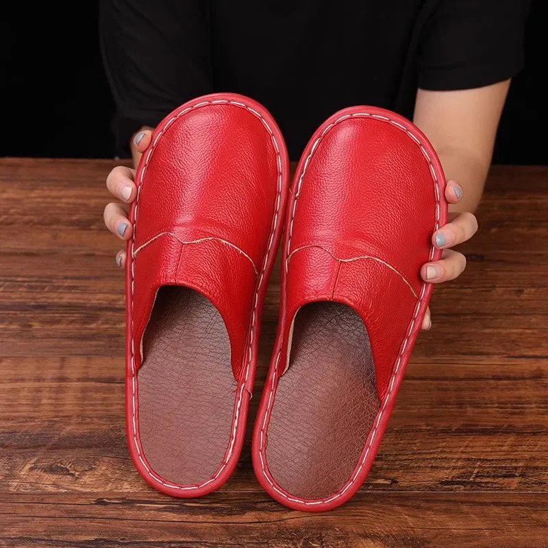 Men Spring Cow Leather Indoor Slippers Anti-Skip Comfortable Couple Home Casual Shoes Household Slippers for Women 260918 - view 3