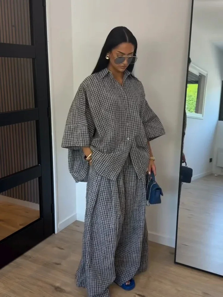 Loose Plaid Shirt Pants Two-piece Set Three Quarter Sleeve Oversize Blouses Wide Leg Pants Suit 2026 Fashion Women Casual Sets 260922 - view 7