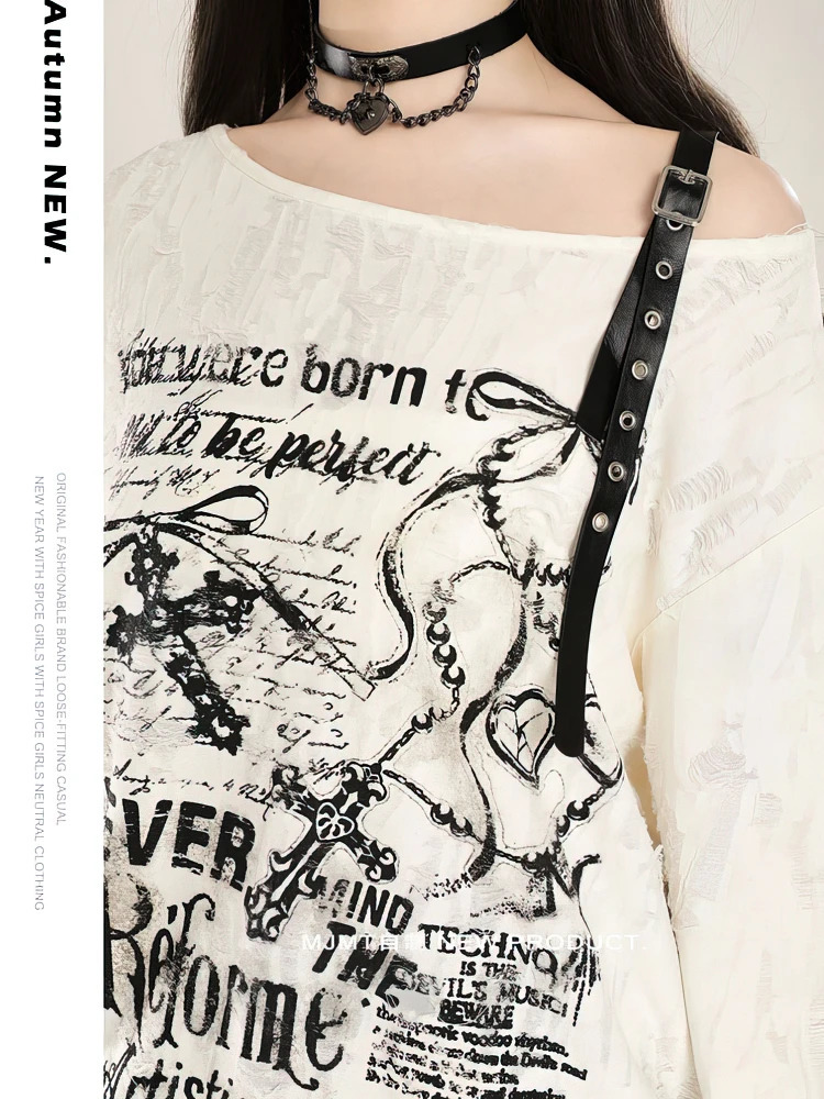 Y2k Long sleeve T shirt Women Off shoulder Oversize Tops Female Spring Autumn Vintage Holes Basic Tees Streetwear Chic 260920 - view 4