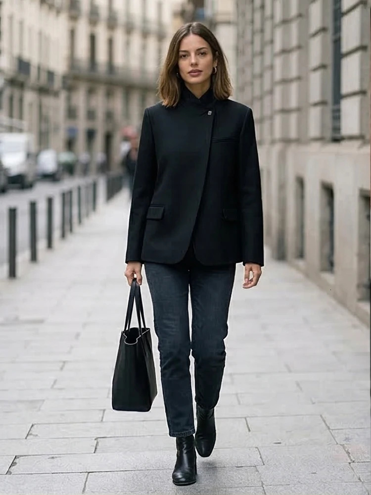Willshela Women Fashion Solid Single Button Blazer Vintage Long Sleeves Half High Neck Female Office Lady Outfits 260924 - view 3