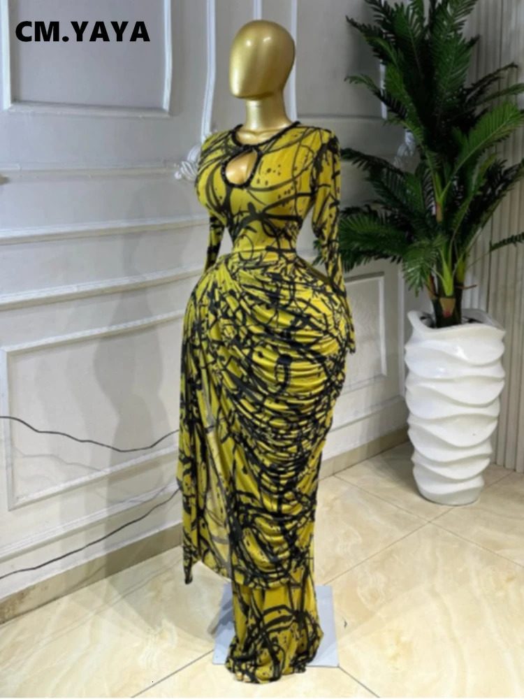 CM.YAYA Women Striped Print Ribbon Ruched Long Sleeve Bodycon Maxi Long Dress 2026 Sexy Birthday Party Education Trendy Dresses 260922
