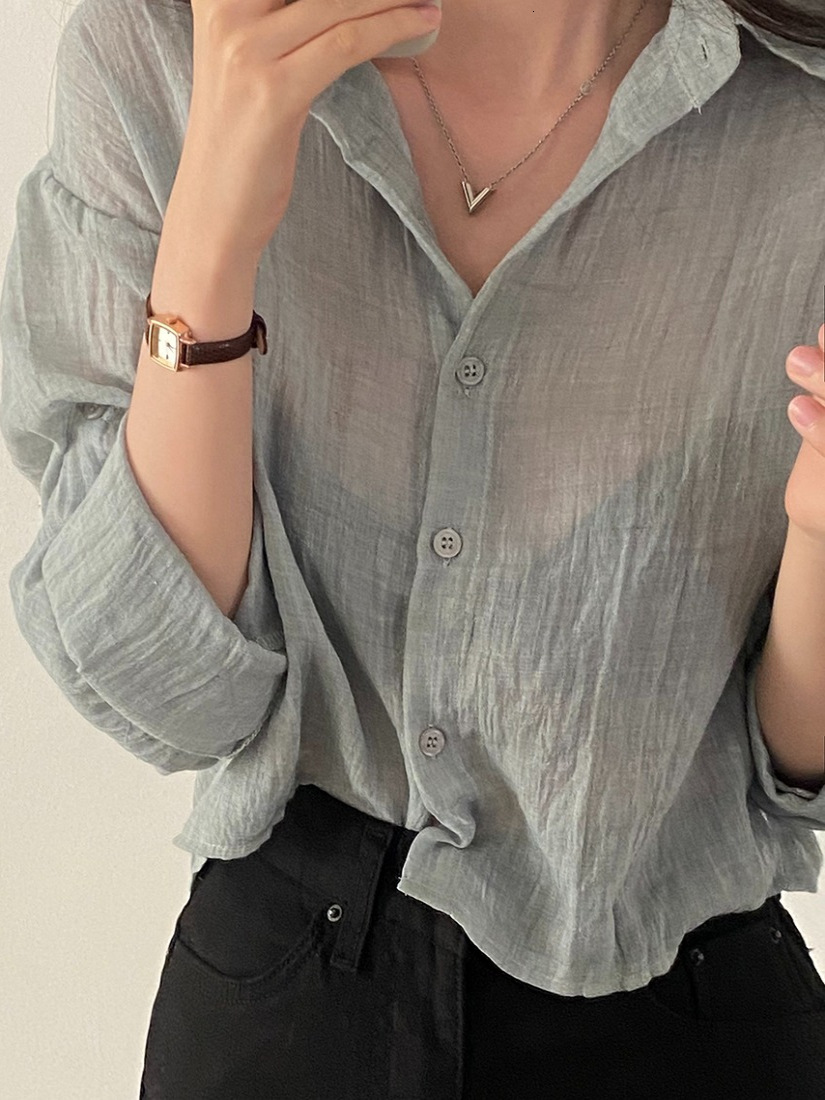 Summer Chic Sun Protection Thin Long Sleeve Shirt Women's Collared Fold Design Casual Straight Cut Pure Color Button up Top - view 6