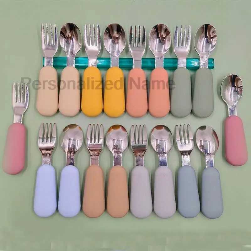 Baby Feeding Other Custom 2PC/Set Baby Silicone Tableware Children Stainless Steel Dinnerware Toddler Cutlery Infant Food Feeding Spoon Fork C2609231 - view 7
