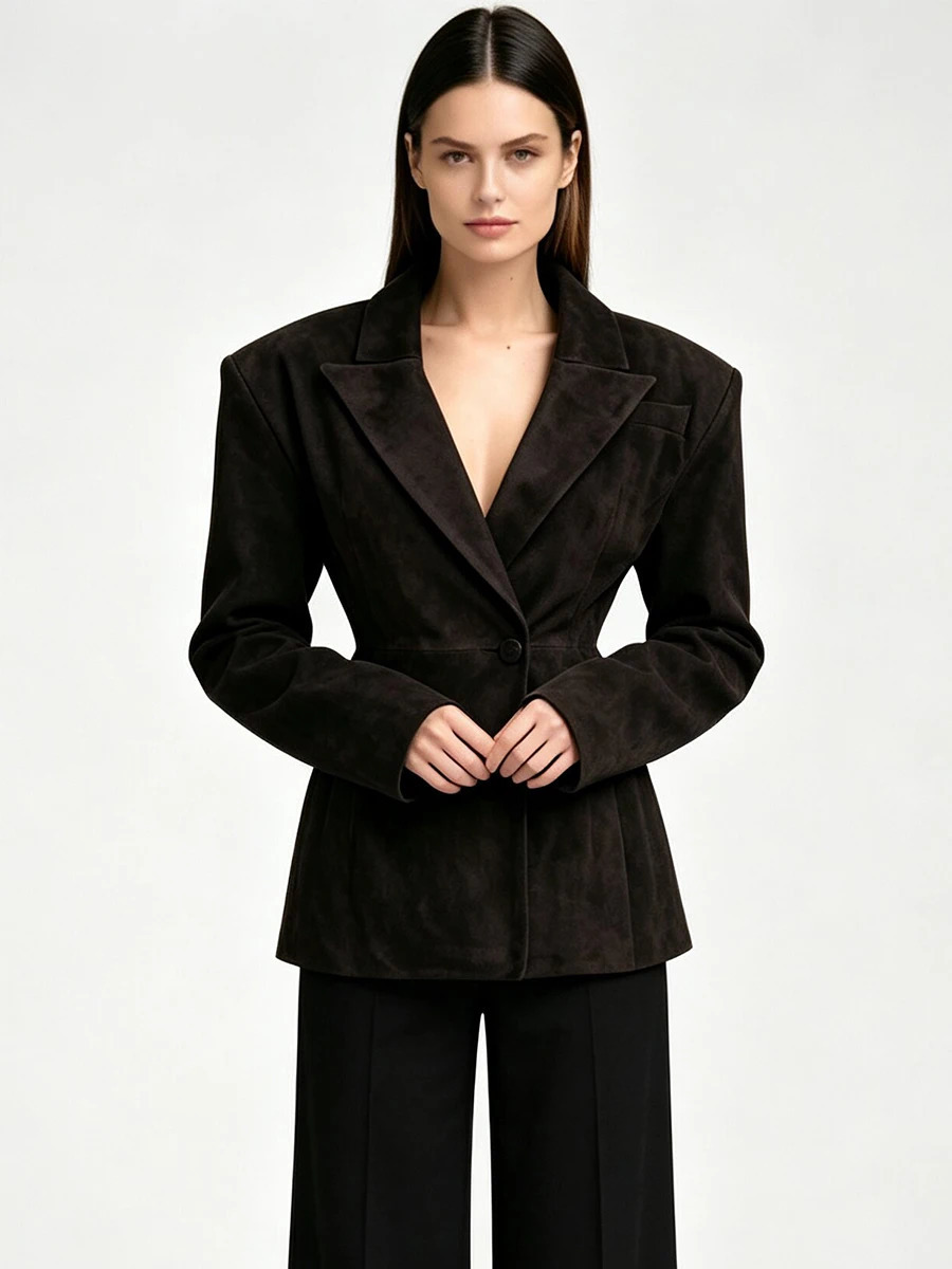 LIMO Women Dark Brown Suede Lapel Blazer Single Button Waist Tailored Slim Fit Pocket Long Sleeve Retro Elegant Casual Jacket 260924 - view 5