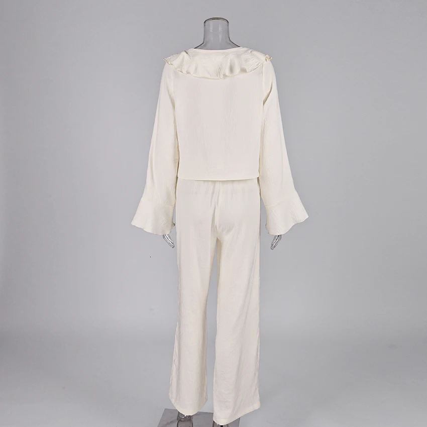 Linad Casual Loose Apricot Outfits Fashion Ruffles Flare Sleeve Blouse With High Waist Pant 2 Piece Sets Summer Long Pants Suits 260922 - view 7