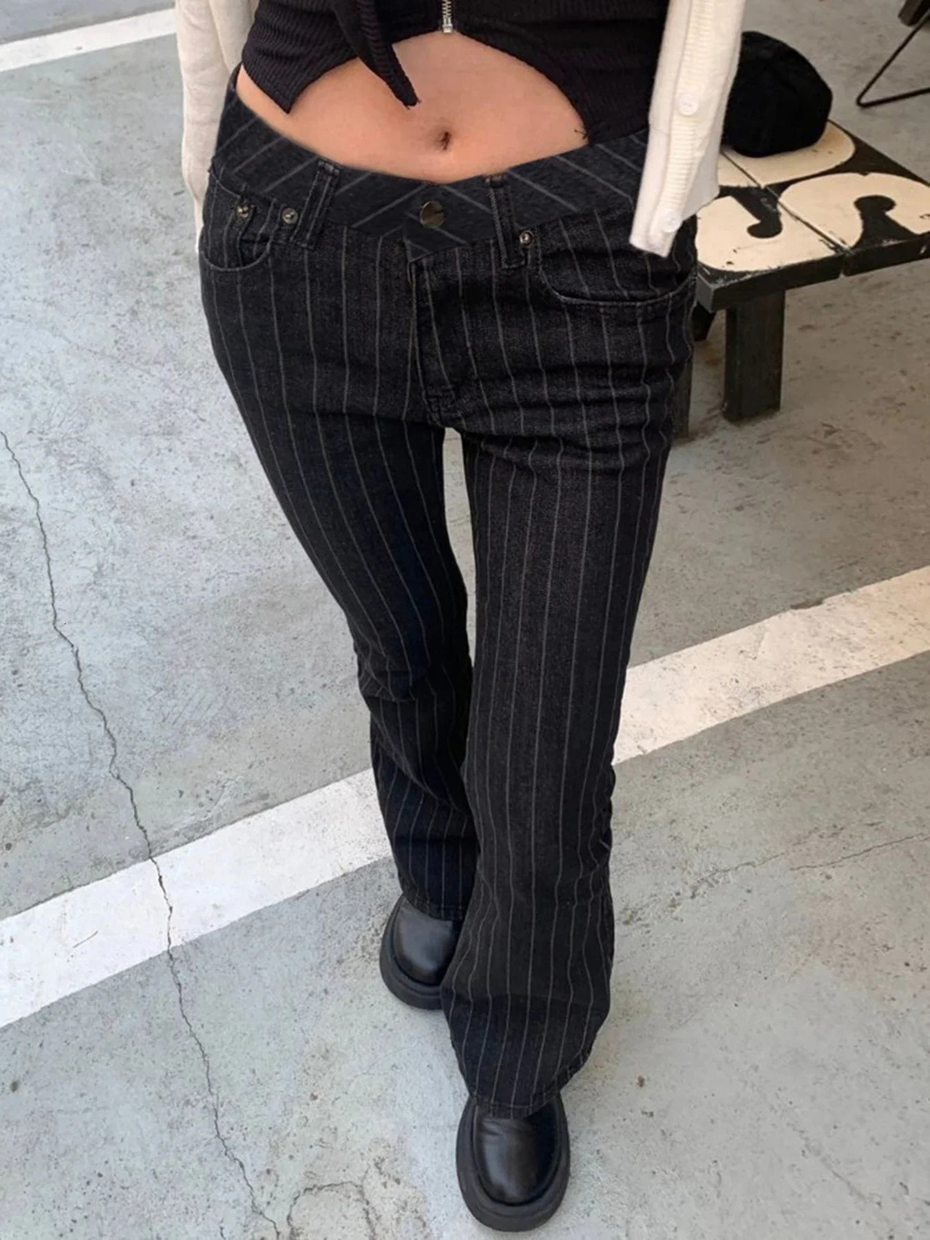 FDEY Stripe Slim Vintage Chic Jeans Zipper Pockets Fashion Low Waisted Button 90s Pants Streetwear All-match For Women 260922 - view 5