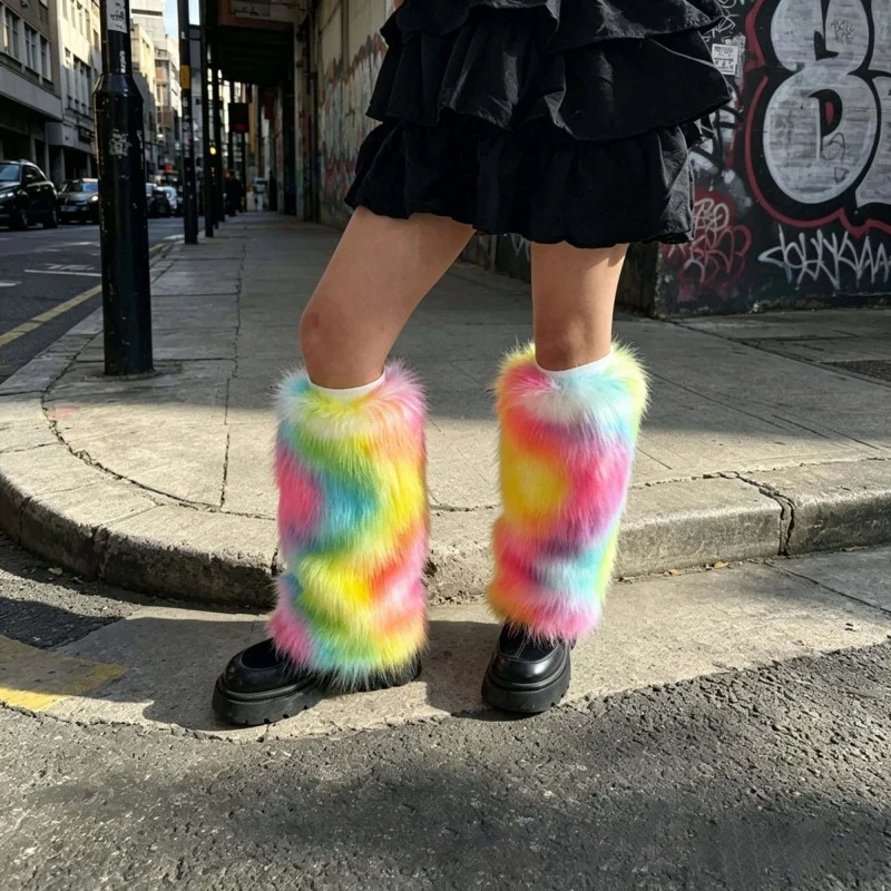 Women Rainbow Fluffy Faux Fur Leg Warmers Y2K Colorful Plush Long Boot Cover Rave Festival Cosplay Leg Socks 260924 - view 4