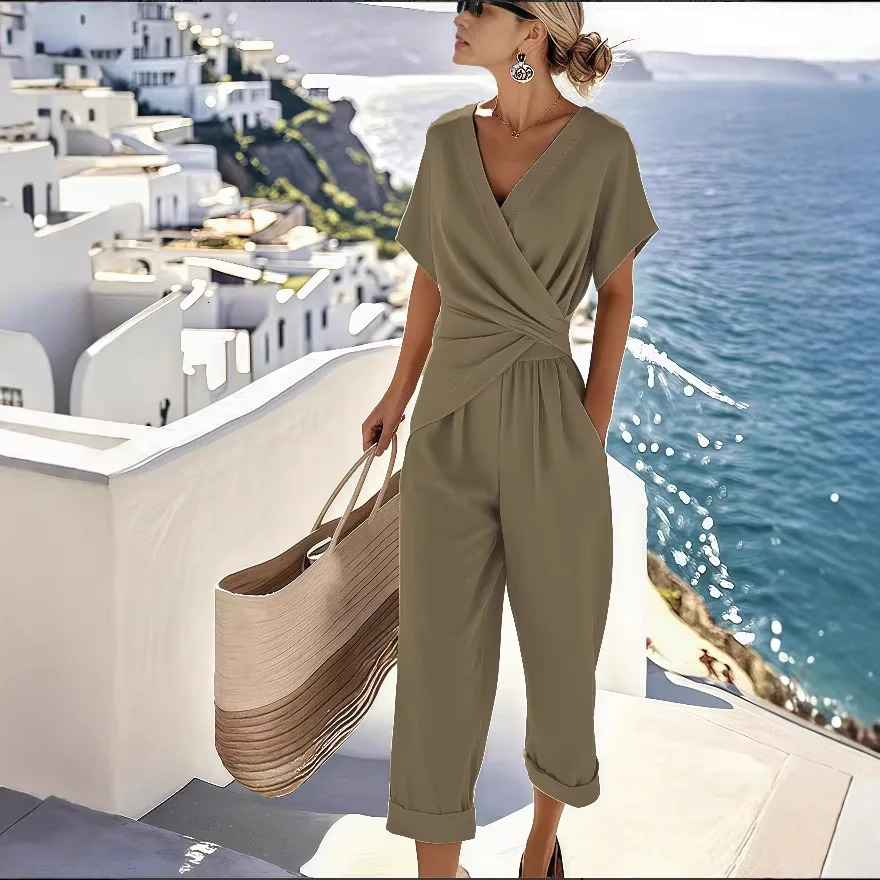 2 pieces women sets 2026 summer fashion solid color irregular short-sleeved topsolid pant sets women's clothing 260922 - view 6