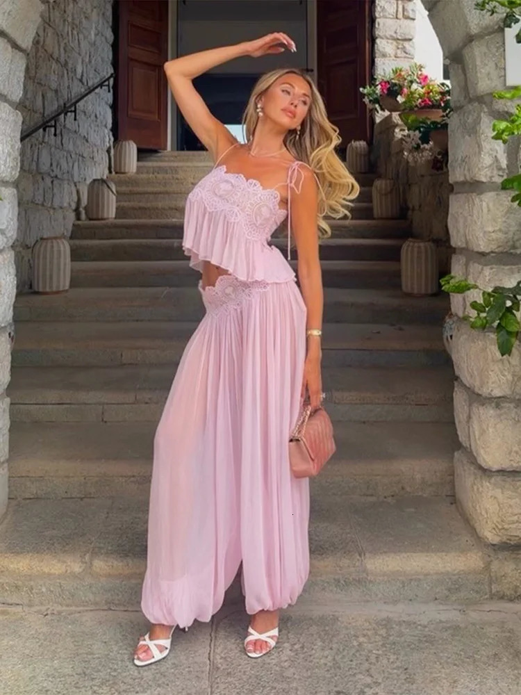 Women Pink Lace Mesh 2 Piece Outfit Straps Floral Cropped Cami High Waist Wide Leg Trousers Set Bohemian Seaside Holiday Suit 260922 - view 5