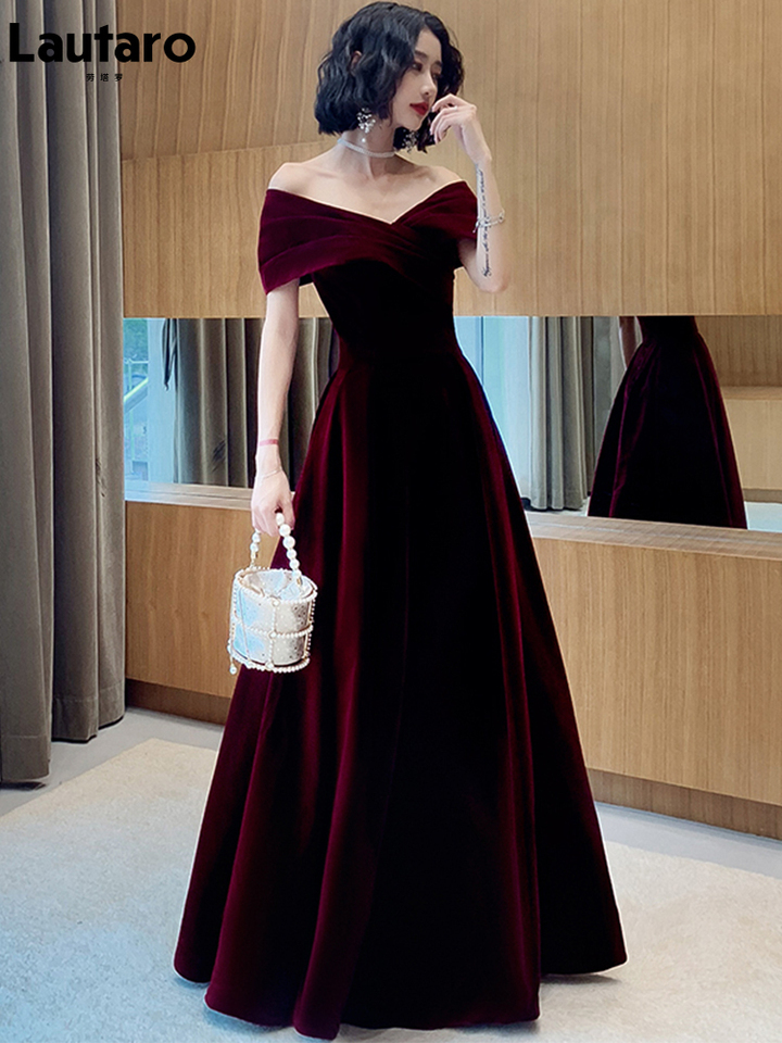 Lautaro Spring Long Luxury Elegant Wine Red Soft Velvet Evening Party Wedding Dresses for Women 2022 Off Shoulder Maxi Dress - view 4